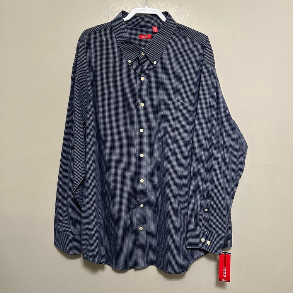 IZOD Mens Button Down Shirt 3XL Navy Blue Gingham Micro Check Preppy Big & Tall
